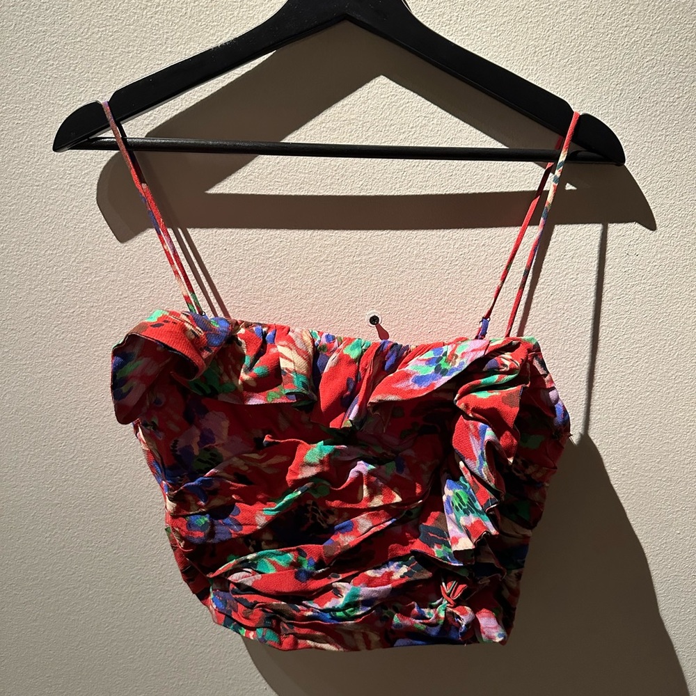 Zara Red Floral Ruffle Crop Top - Picture 6 of 8